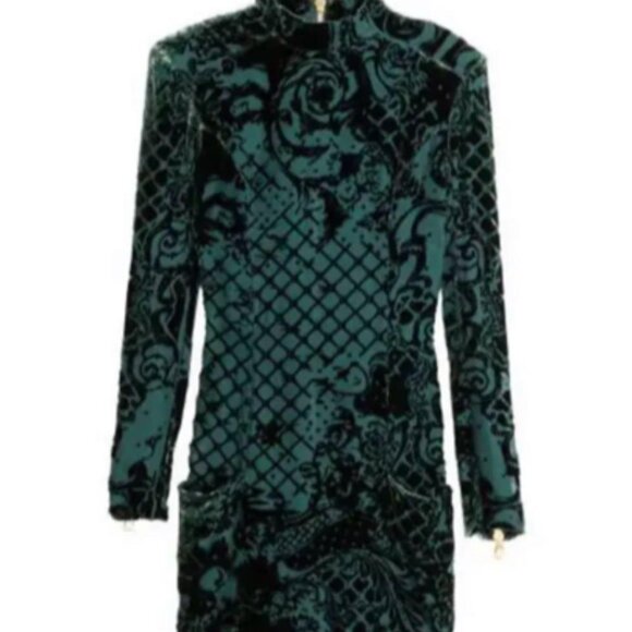 Balmain for H&M Velvet Green Floral Long Sleeve Gold Zip Dress Size 4 - Picture 2 of 5